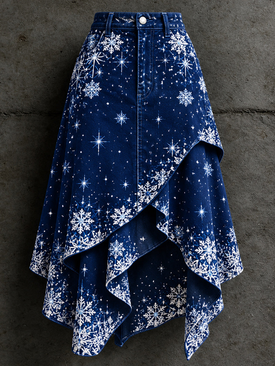 Women's Retro Style Art Print Irregularly Layered Stitched Skirt